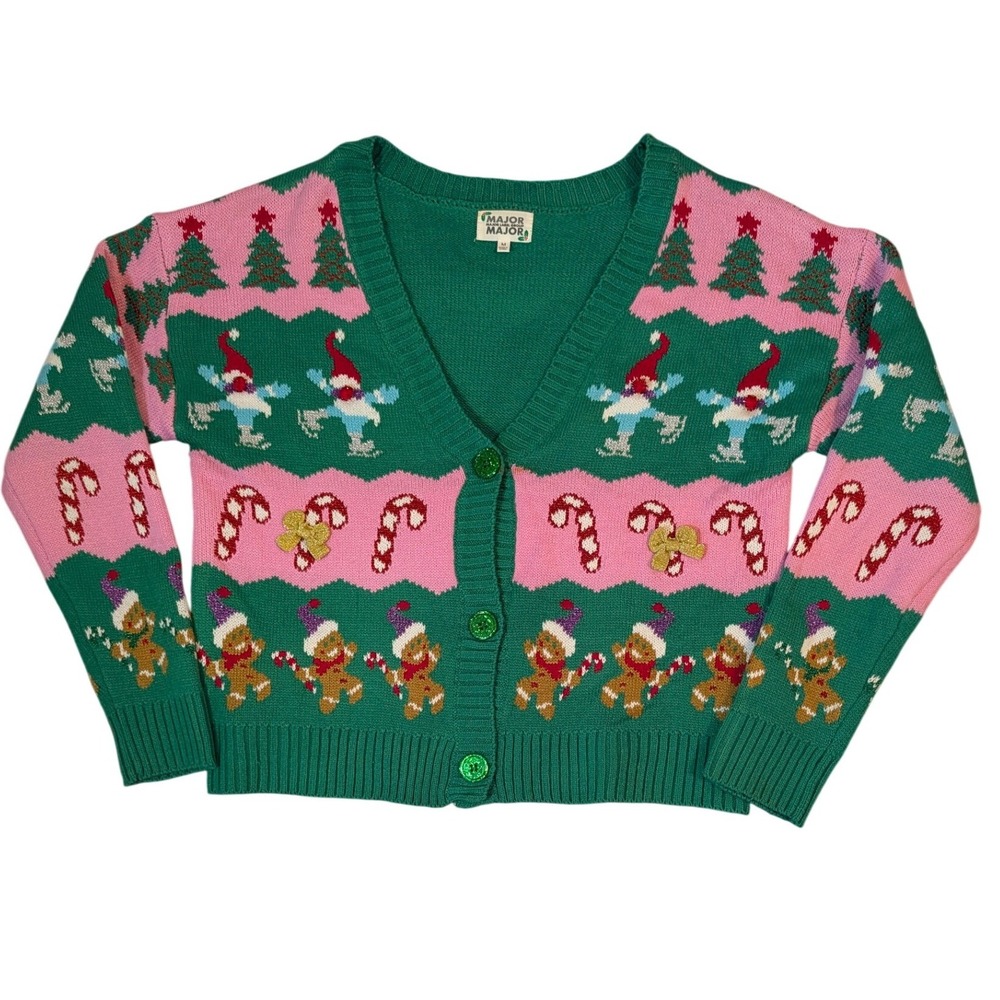 Major Label Group Womens Green Pink Christmas Gnome Gingerbread Cardigan Medium